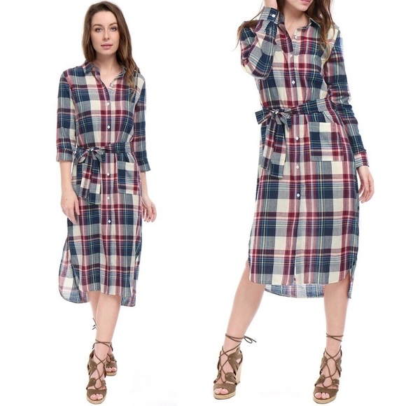 ALLEGRA K PLAID MIDI BELTED SHIRT DRESS 100% Cotton XSMALL NEW - Picture 14 of 14